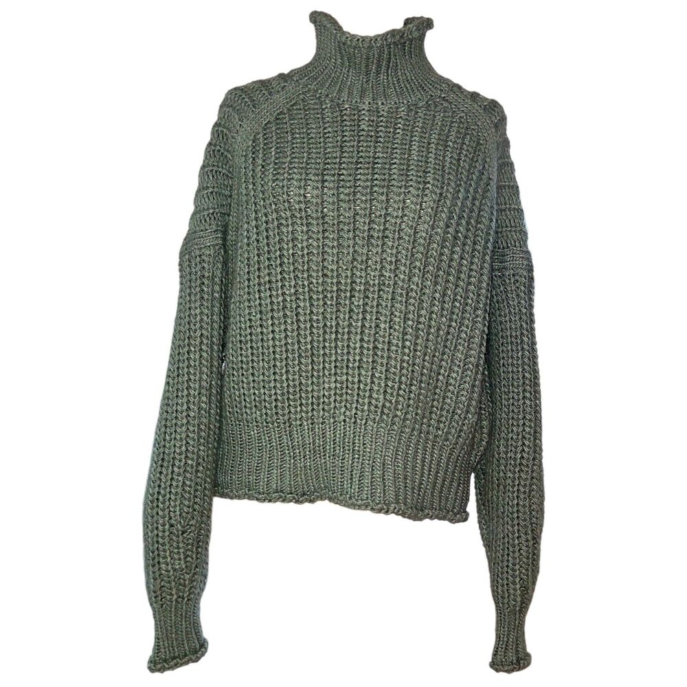 H&M Women M Green Chunky Knit Turtleneck Sweater Cropped Relaxed‎ Fit Wool Blend
